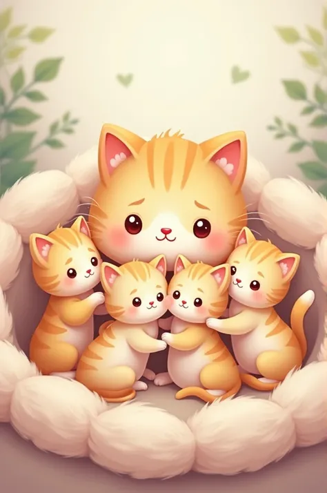 Mother kitten with 4 kittens and two smaller kittens in cartoon format and pastel colors