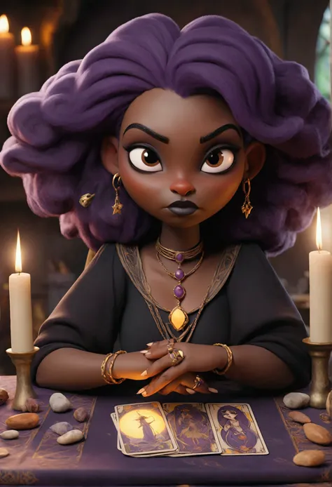 Fat black skinned witch, shoulder length purple hair, playing tarot under a beautiful table