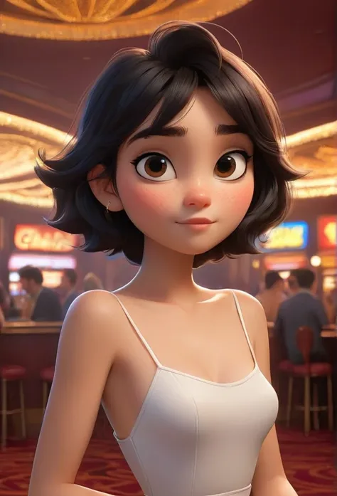 (disney pixar style:1.2) (cute adorable girl:1.15) (20 year old adult:1.15)  bblack hair ,short hair to the shoulders ,small bre...