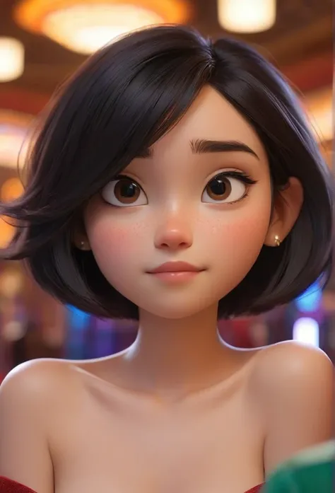 (disney pixar style:1.2) (cute adorable girl:1.15) (20 year old adult:1.15)  bblack hair ,short hair to the shoulders ,small bre...