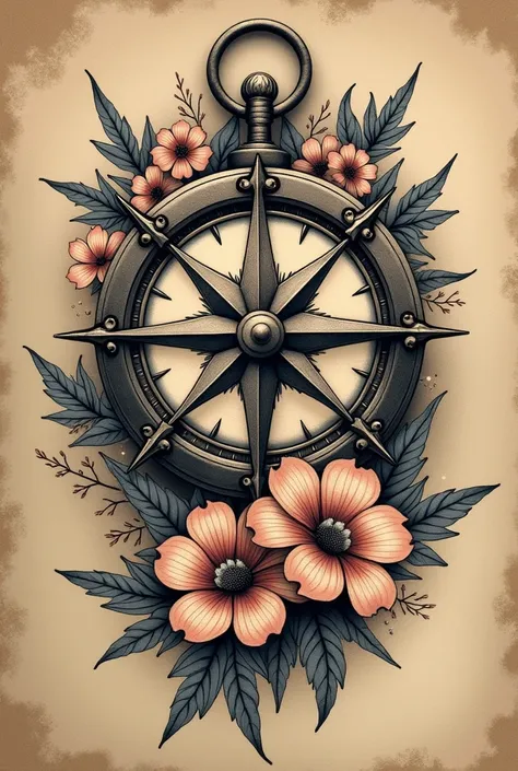 Old school compass and flowers tattoo 

