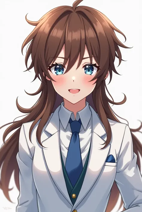 Anime boy with long brown hair wearing a white suit with blue eyes , impatient genshin style