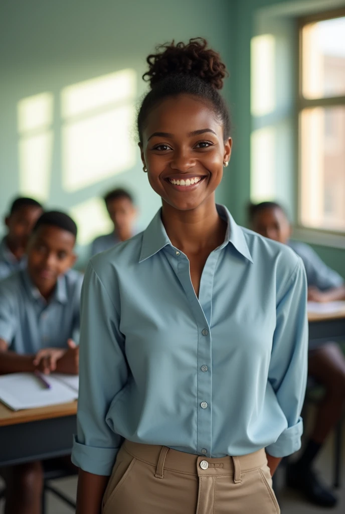 A mid-shot of Ms. Chambers, Jaela Chambers, a 32 year old female teacher, standing in front of a classroom of students, engaged in a conversation with one of them named Juan. She has a bubbly yet serious expression, with sparkling eyes and a warm smile, sh...