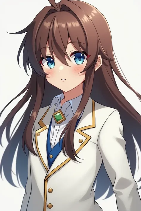 Anime boy with long brown hair wearing a white suit with blue eyes , impatient genshin style