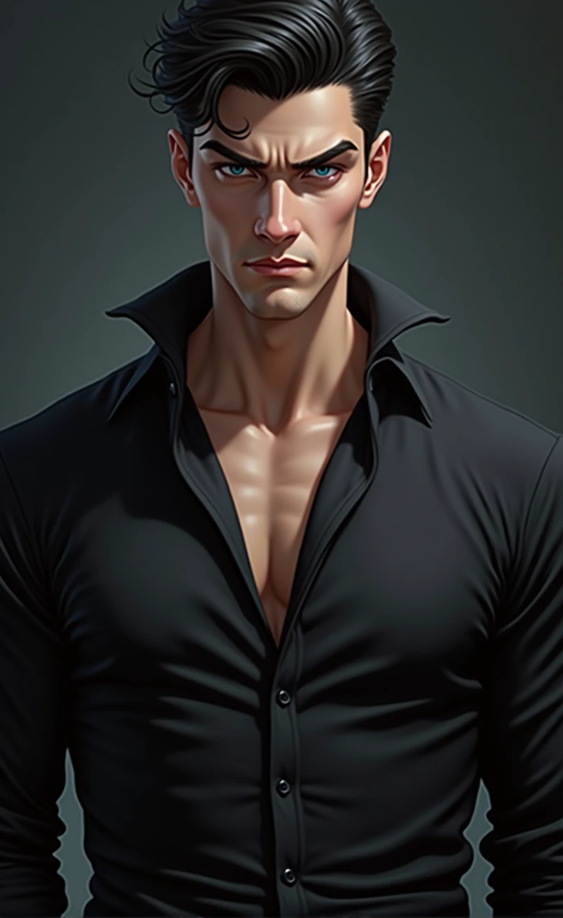  ice blue eyes, black styled hair, Wide body, the black shirt with two open buttons at the top and rolled up sleeves gave him an attractive, but also dangerous appearance. A striking face, which was characterized by a certain coldness, suggested, that this...