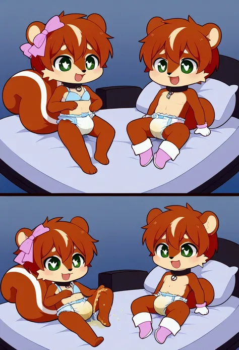 boy, squirrel, furry, bodyfur, tail, collar, bra, bottomless, gloves, boots, chibi, sparkling eyes, idol, hair bow, happy, full body, diapers, bed, legs up, peeing