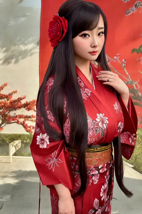 best quality, ultra high res, photoshoot, (photorealistic:1.4), [:(highly detail face: 1.2):0.1], (PureErosFace_V1:0.8 ), closed up portrait of an elegant girl wearing gorgeous red flower kimono and flower in hair, 21yo girl, (temple background:1.1), looki...