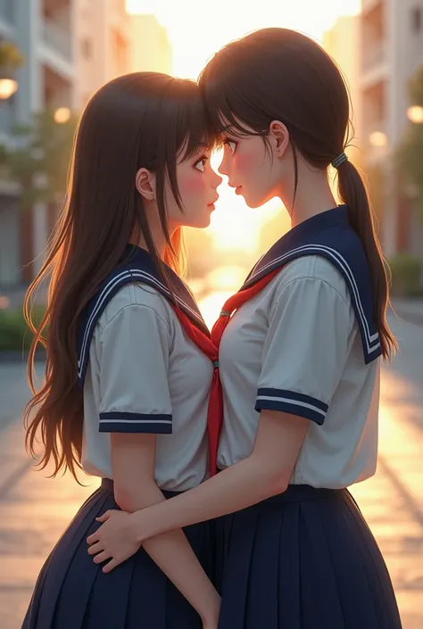 Romantic students, two students in school uniform, Lesbian couple, tall and slim, comely, former students, classmates, pregnant 