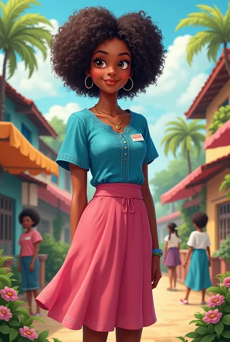 A girl, teacher, black skin, with curls, great attributes, Madura, with a pink skirt and blue blouse.