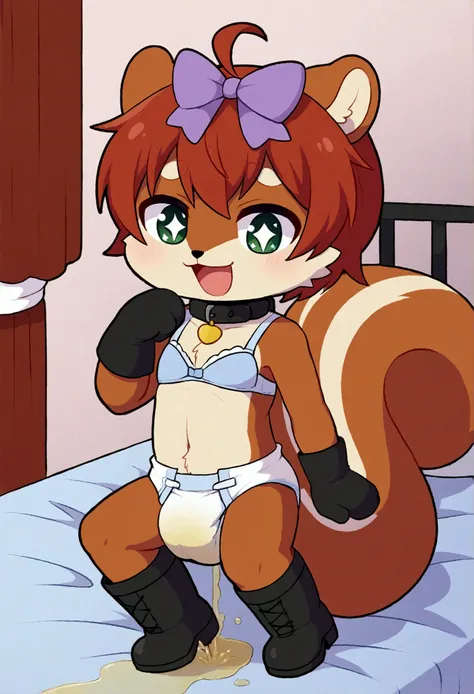 boy, squirrel, furry, bodyfur, tail, collar, bra, bottomless, gloves, boots, chibi, sparkling eyes, idol, hair bow, happy, full body, diapers, bed, peeing