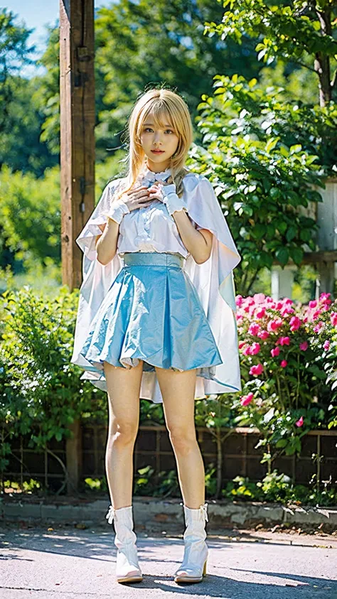 (8k、RAW Photos、Highest quality、masterpiece:1.2)、(Realistic、Realistic)、1 girl、((Blonde、White and light blue、garden、Frills、Cape、mini skirt、Thin legs、whole body、boots、View from the front、Looking into the camera、Stand with hands on hips))、cute