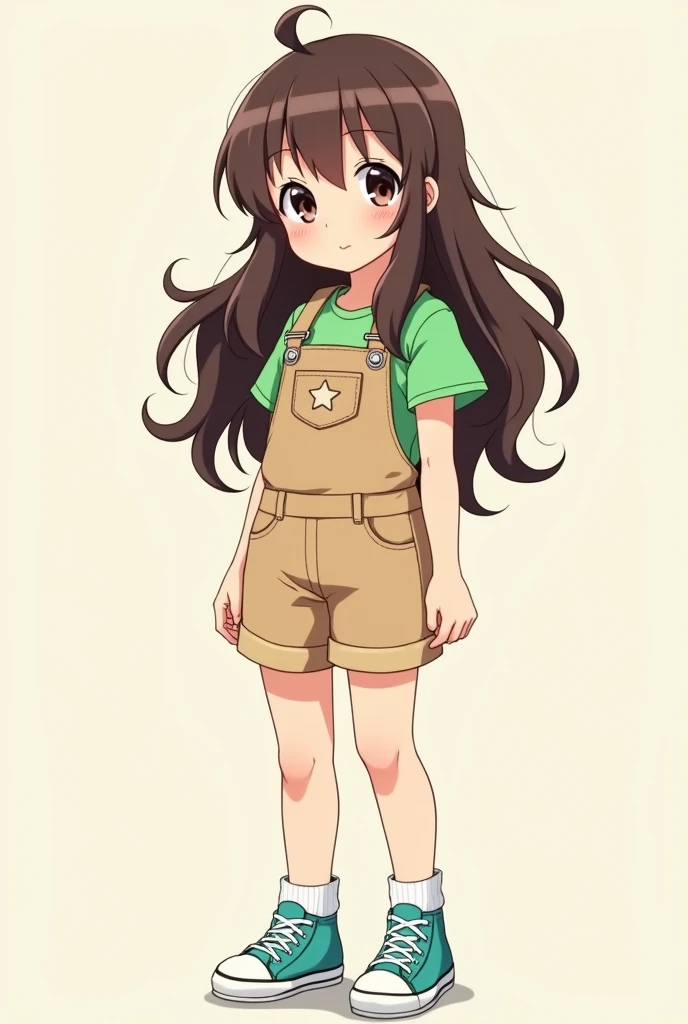 A female anime character who is around 8 years old has long wavy hair and brown eyes, wearing overalls with a green shirt underneath and finally cyan All Stars.