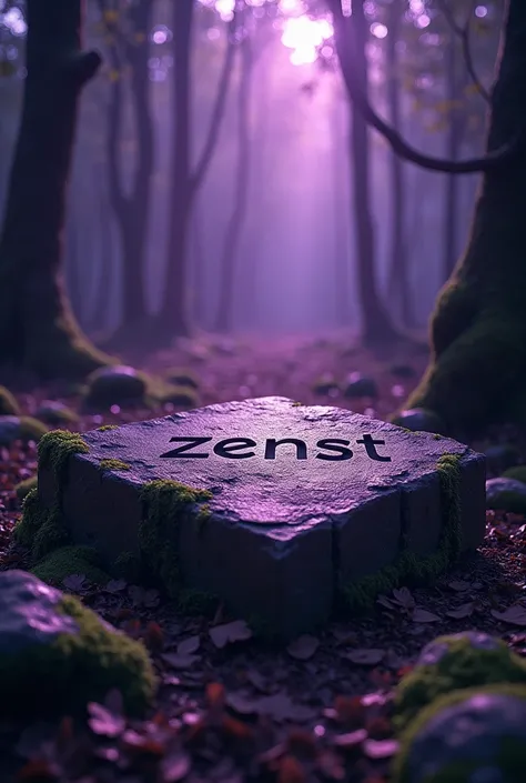 Zenst written in stone in a dark and violet forest 