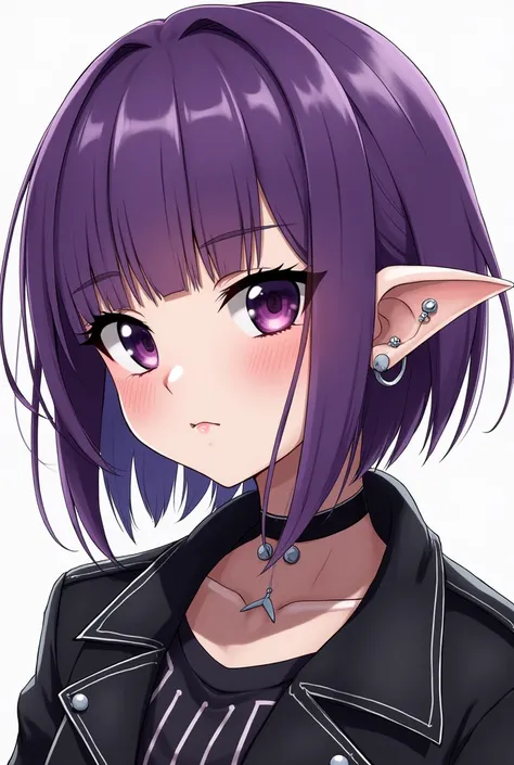 Goblin girl with a purple bob haircut with straight bangs, piercings in the lip, nose and eyebrows, dressed in punk style. Art in anime style.