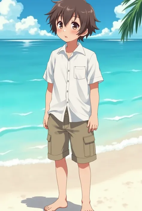 Anime boy short brown hair skin color beach shirt beach pants 