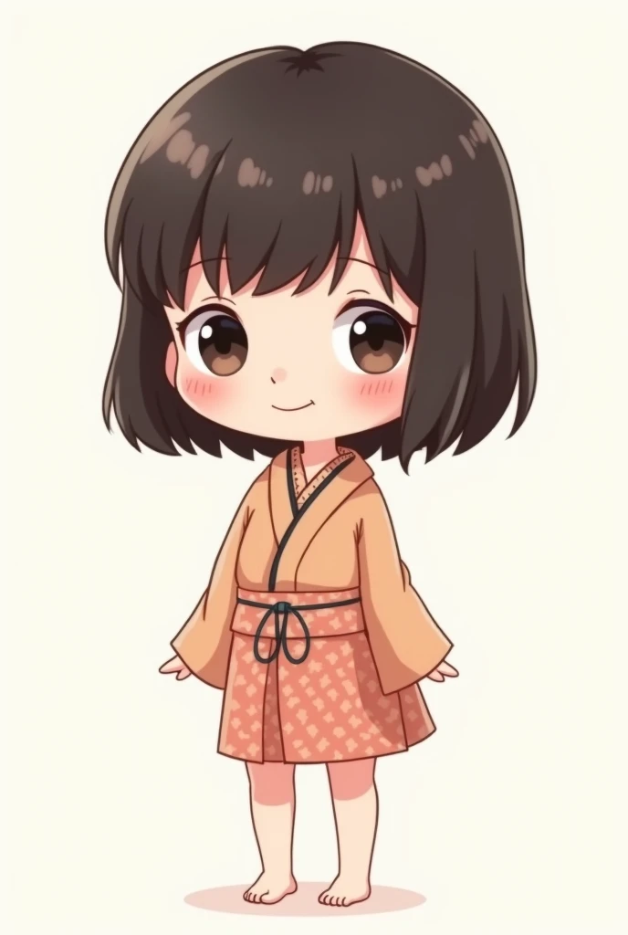 "Create a cute cartoon style drawing, A 7-year-old Japanese girl smiling slightly, Similar to Blythe dolls. She wears a kimono, The brunette is styled as Bob, Dark eyes, Cute little nose, and slender figure. The girl stood facing forward，Hang your hands at...