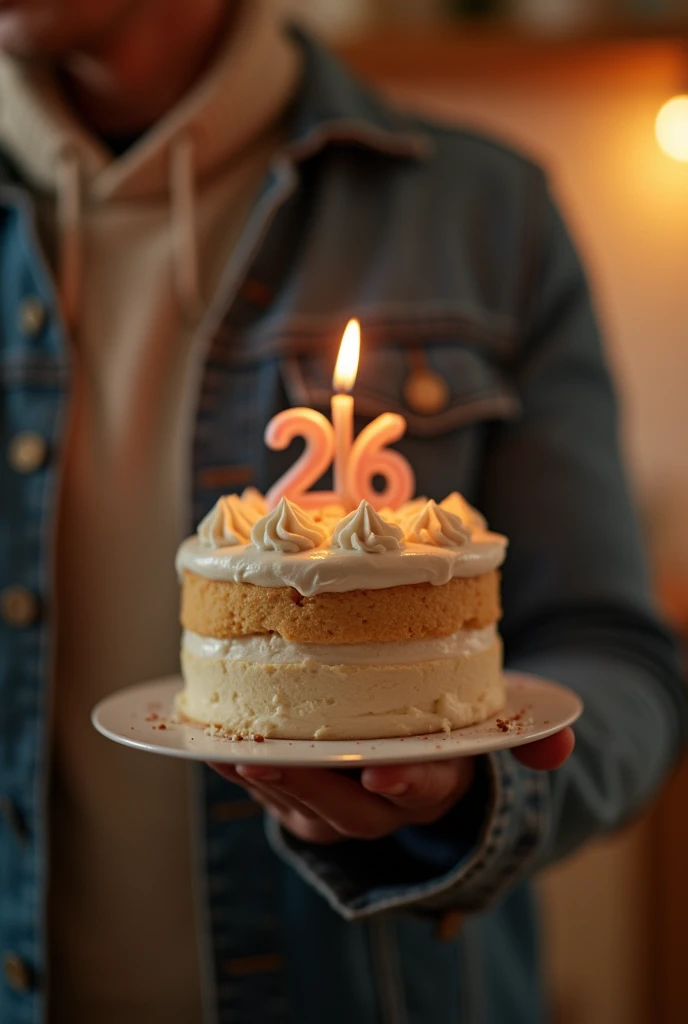 I want you to take a picture of a young man&#39;s arm with a small birthday cake and a 26th birthday candle against the backdrop of his room.. But I want the photo to be from the position or perspective that only the arm is seen and not the person.. But wi...