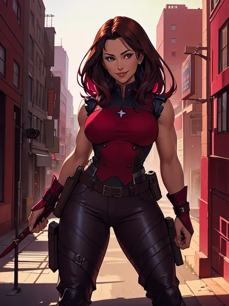 j3nn1f3rg-v1, elektra marvel, brown hair, smilling, burgundy tactical uniform. leather uniform, burgundy  tactical pants,,photog...