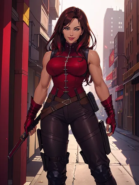 j3nn1f3rg-v1, elektra marvel, brown hair, smilling, burgundy tactical uniform. leather uniform, burgundy  tactical pants,,photog...