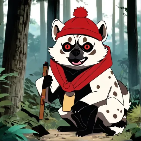 white tanuki hyena, circle eye, red pupil, pug mouth, black beanie, red scarf, holding cigar, forest