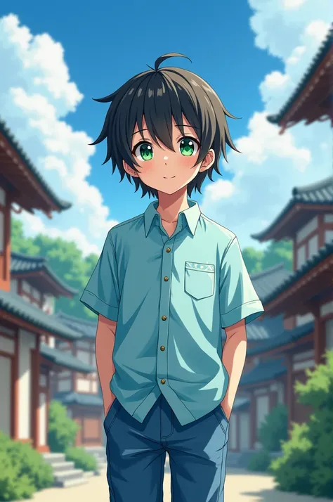 Medium hair anime style boy and Japan style with green eyes light blue shirt and jeans 