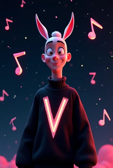 Animated version of Bad Bunny, black sweater with the letter V in the center, black background stars, musical notes