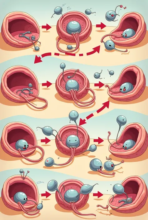 Make me a cartoon of the complete process of the stages of the sperm process