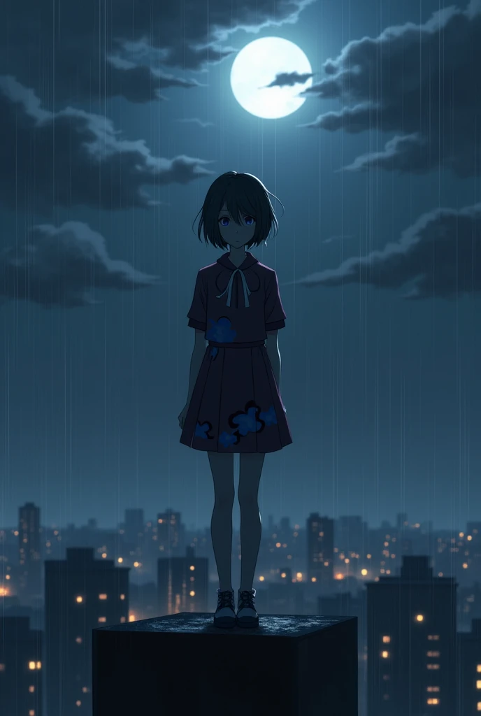 create an image of an anime girl on top of a building, with a melancholic expression on her face, short hair hiding her eyes and an akatsuki uniform, but with blue clouds instead of red, under the rain and a full moon