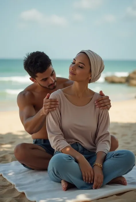 A woman wearing a headscarf and jeans sitting on the beach, boyfriend gives massage