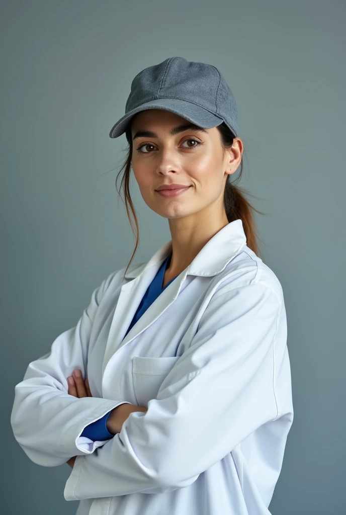 image of a woman wearing a cap with a brim and a lab coat looking forward with her arms crossed, conveying credibility