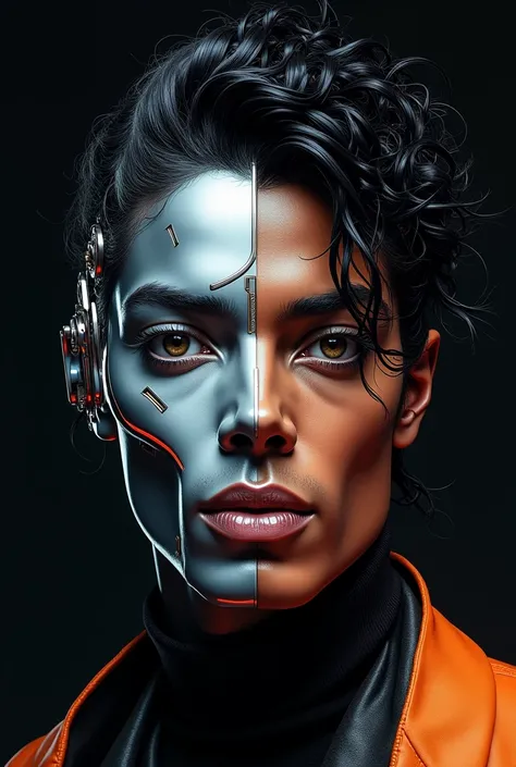 An album cover featuring an stylized portrait of Michael  Jackson with half of his face rendered in a sleek, metallic, and futuristic style, while the other half remains organic and human, symbolizing the duality of technology and humanity.