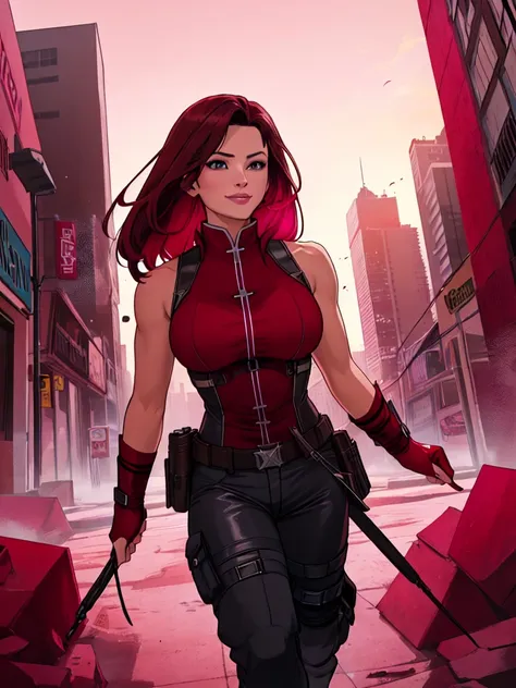 j3nn1f3rg-v1, elektra marvel, brown hair, smilling, burgundy tactical uniform. leather uniform, (tactical pants), (burgundy oant...