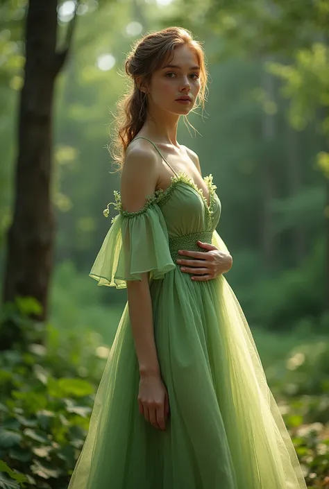 Summer Deforestation: In summer, deforestation forest fund,  Create a model posing with clothes of this theme, light green color, delicate dress, full body 

