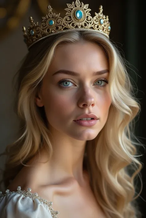 queen, blonde woman, small brest, small ass, blue eyes, crown, ring