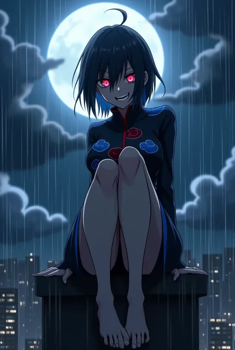 create an image of an adult anime girl sitting with legs crossed on top of a building, with a sadic smile expression on her face, short hair hiding her eyes and an tight and long akatsuki uniform, but with blue clouds instead of red, under the heavy rain a...