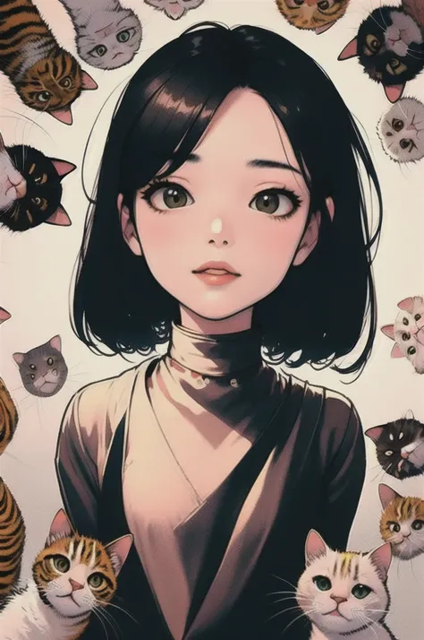 (masterpiece, best quality), 1girl,    surrounded by cat,