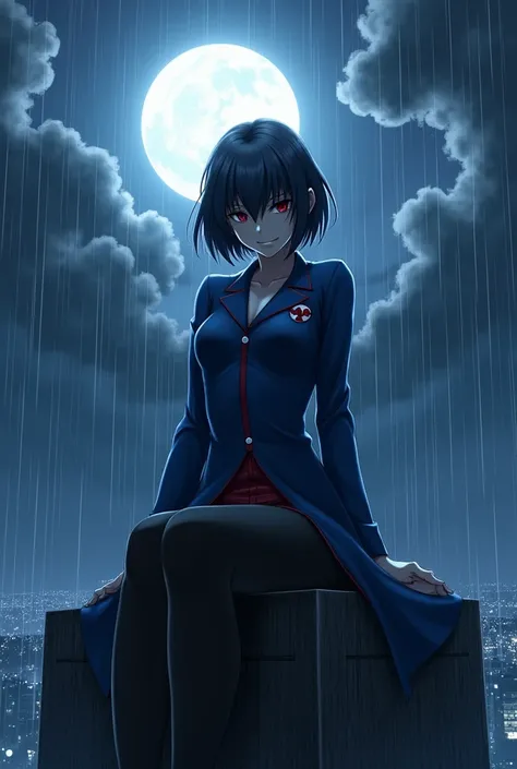 create an image of an adult anime girl sitting with legs crossed on top of a building, with a sadic smile expression on her face, short hair hiding her eyes and an tight and long blue akatsuki uniform, but with blue clouds instead of red and a pair of blac...