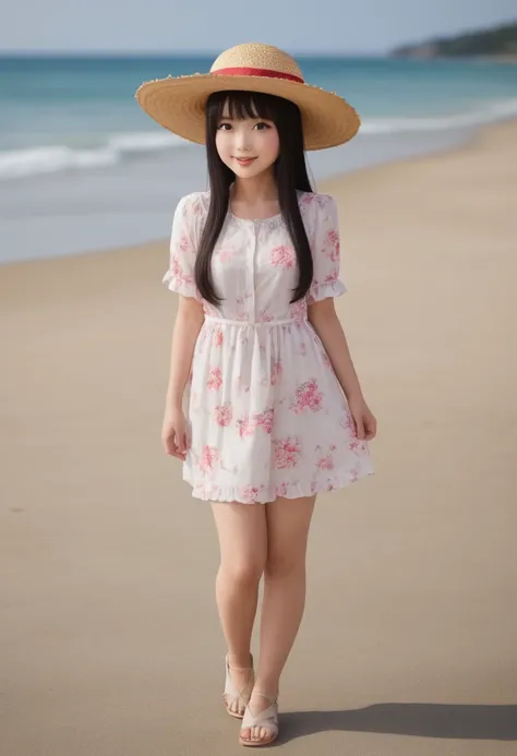 masterpiece、mastepiece、award-winning、one girl、cute、wear a straw hat、dress、彼女はocean辺でふざけてはしゃぐ、it's summer、the background is a san...