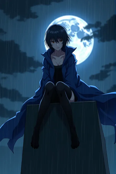 create an image of an anime woman sitting on top of a building, with a sadic expression on her face, short hair hiding her eyes and an long blue akatsuki clothe and a pair of black stockings completely covering your legs, under the heavy rain and a full mo...