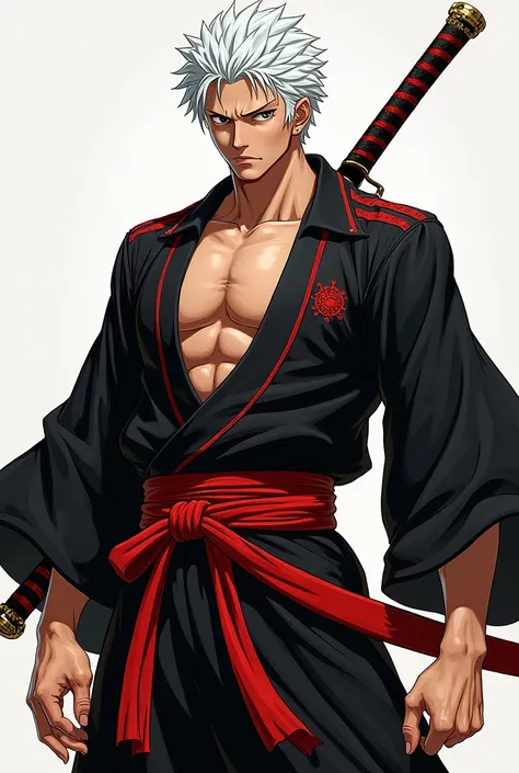 Create an 18 year old young man from one piece in 2D whose appearance is a white haired slightly large swordsman with red and black samurai clothes born in a wano whose name is Ryota is a slightly muscular swordsman 