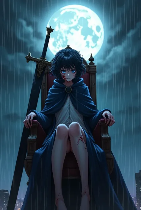 create an image of an anime girl sitting on thronethrone in top of a building, with a sadic and mad expression on her face, short curled hair hiding her ears, blue eyes and an long dark blue akatsuki clothe, under the heavy rain and a full moon. half of hi...