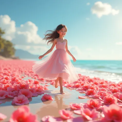 A smiling girl walking on a beach of roses , dream scene , realist
