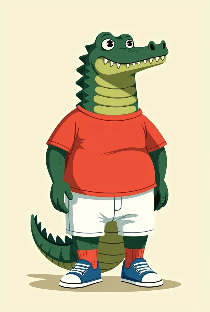 Draw a cartoon of a crocodile wearing a red short-sleeved shirt., short blanco, red socks and blue tennis shoes