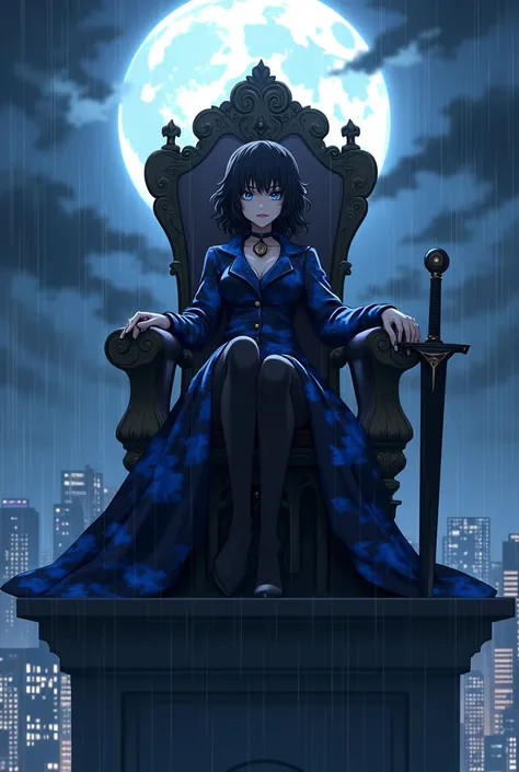 create an image of an anime girl sitting on thronethrone in top of a building, with a sadic and mad expression on her face, short curled hair hiding her ears, blue eyes and an long dark coat with blue clouds printed on it and a pair of black stockings comp...