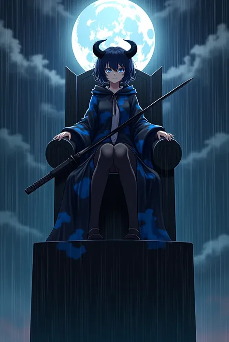 create an image of an anime girl sitting on thronethrone in top of a building, with a sadic smile expression on her face, short curled hair hiding her ears, a pair of small black horns, blue eyes and an long dark coat with big blue clouds printed on it and...