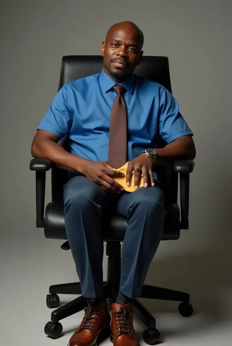 A black man with a doubtful face, baldie, blue polo shirt, dark brown tie and pants with elegant sneakers, sitting in a black office chair, with one hand on the cheese while standing a little sideways in the chair