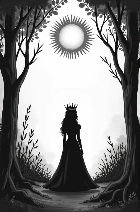 Image in black and white WOODCRAFTING style with the title story of the original tales with the shadow of a princess wearing a crown in the center and a sun above her