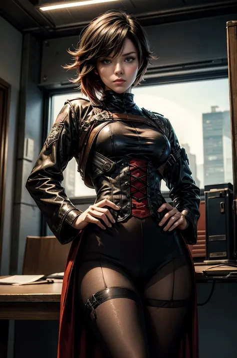 (masterpiece, best quality:1.2), cowboy shot, solo, dynamic pose, 1girl, ruby rose, looking at viewer, military uniform, pantyhose, in futuristic office