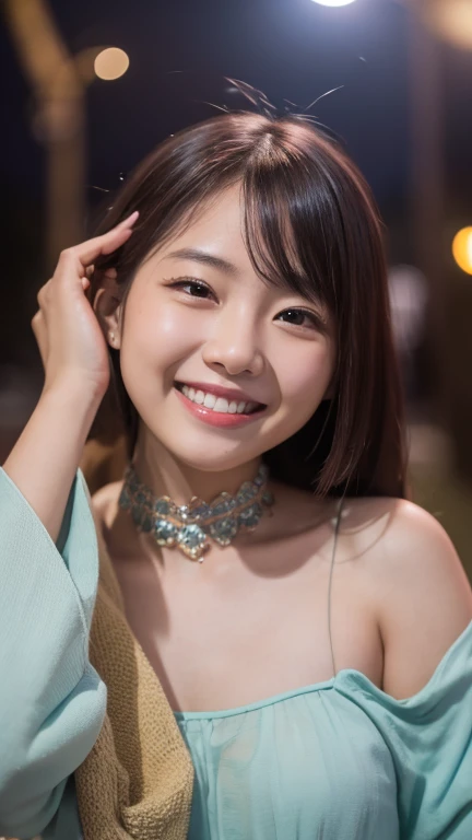 Highest quality, 8k, RAW Photos, Absurd, Portraiture, smile, alone, (night:1.8), Idol&#39;s face, Delicate girl, whole body、 Looking at the audience, Frank, Sophisticated,Thin arms, Professional Lighting, Film Grain, chromatic aberration, (Eye and facial d...