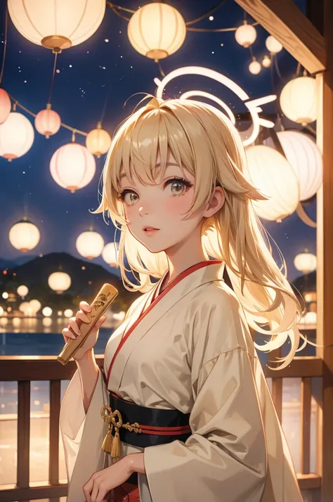 Takanashi hoshino kimono firework night, beige colored hair ,